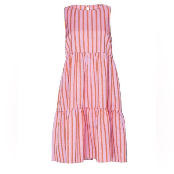 M.D.S Stripes Pink Stripe Peasant Dress Size 10 With Pockets - Picture 1 of 12